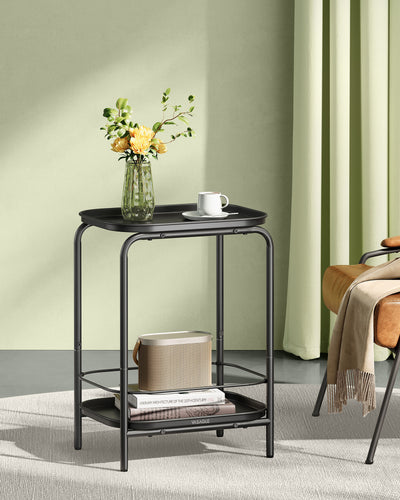 2 Tier Black Metal Side Table with Removable Tray Surface for Living Room by Vasagle