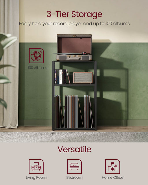 3 Tier Record Player Stand with Storage Shelf in Ebony Black for Vinyl Lovers by Vasagle
