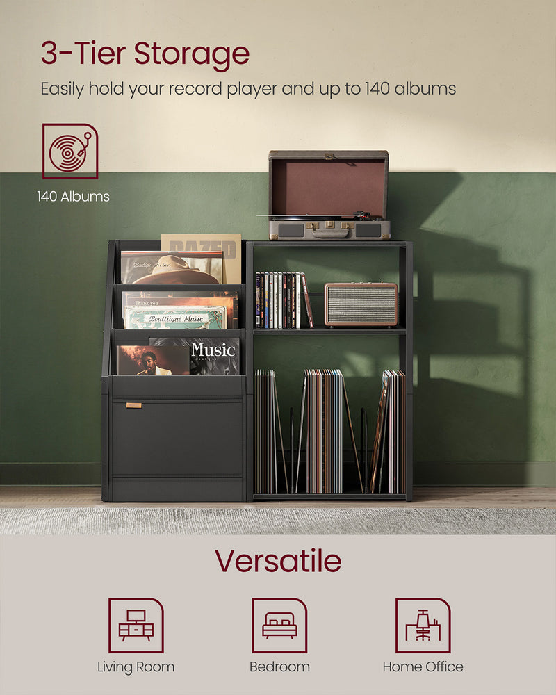 Three Tier Record Player Stand with Vinyl Storage and Side Table Shelves by Vasagle
