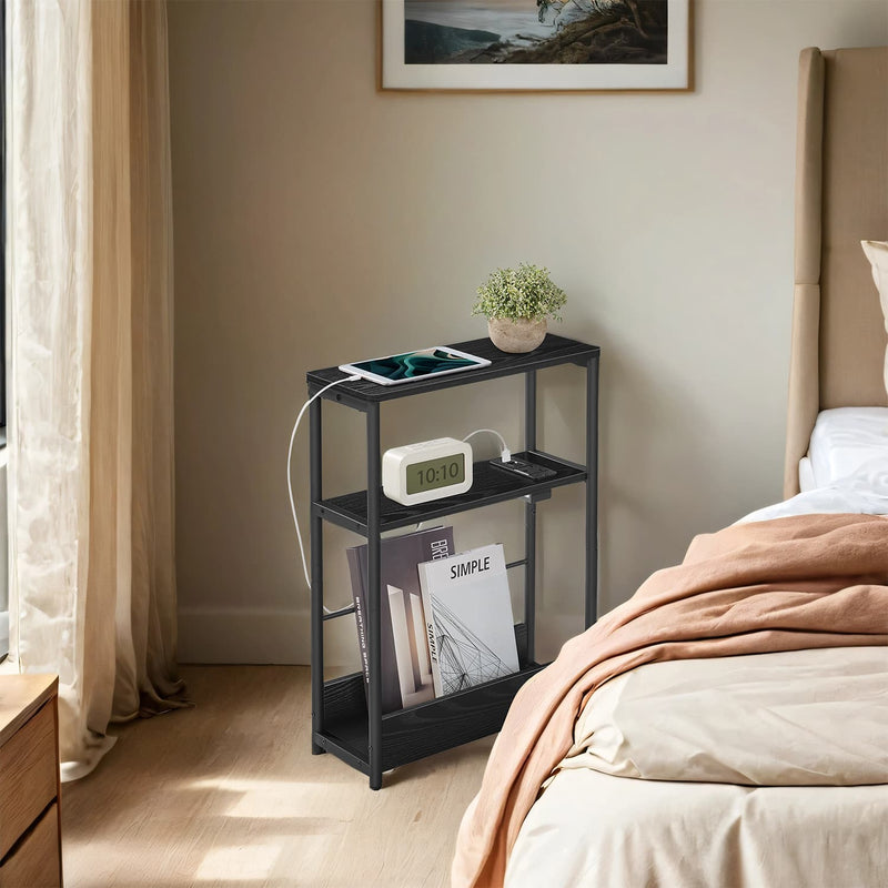 Narrow Side Table with USB Charging Station and 3 Tiers with Magazine Rack by Vasagle