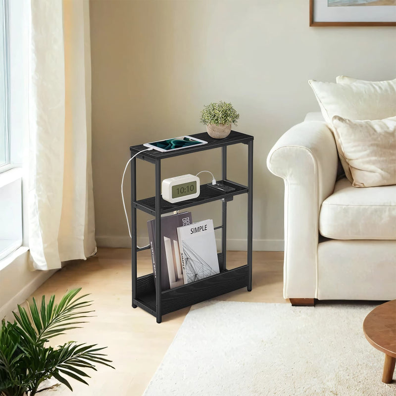 Narrow Side Table with USB Charging Station and 3 Tiers with Magazine Rack by Vasagle