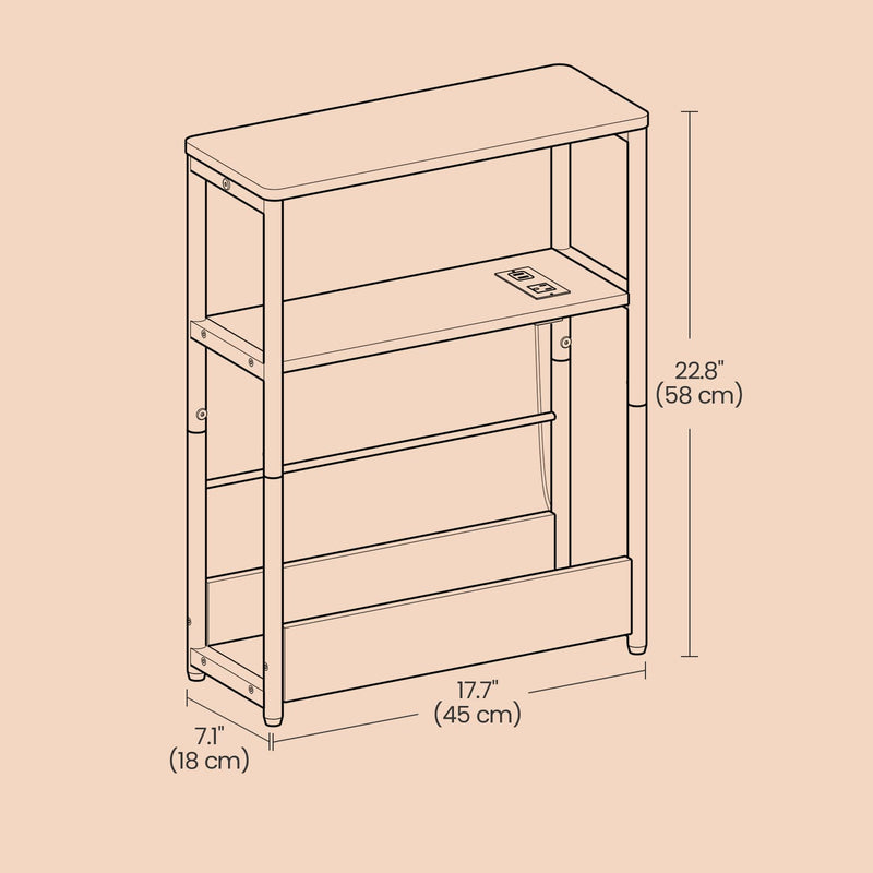 Narrow Side Table with USB Charging Station and 3 Tiers with Magazine Rack by Vasagle
