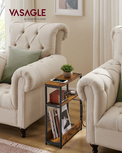 3 Tier Slim Side Table with USB Charging Station Rustic Brown and Black Finish by Vasagle