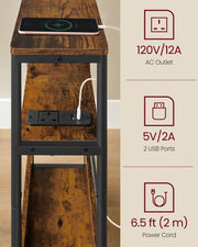 3 Tier Slim Side Table with USB Charging Station Rustic Brown and Black Finish by Vasagle