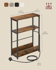 3 Tier Slim Side Table with USB Charging Station Rustic Brown and Black Finish by Vasagle