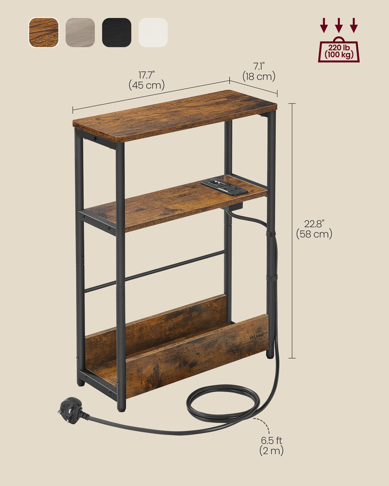 3 Tier Slim Side Table with USB Charging Station Rustic Brown and Black Finish by Vasagle