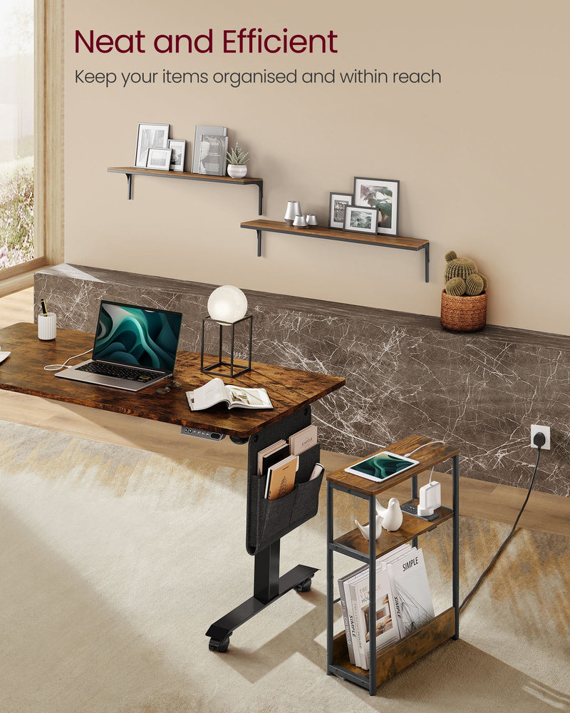 3 Tier Slim Side Table with USB Charging Station Rustic Brown and Black Finish by Vasagle