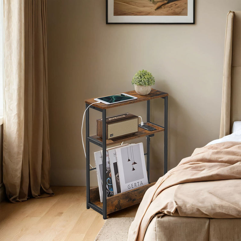 Narrow Side Table with USB Charging Station and Storage Shelves for Living Room by Vasagle