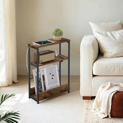 Narrow Side Table with USB Charging Station and Storage Shelves for Living Room by Vasagle