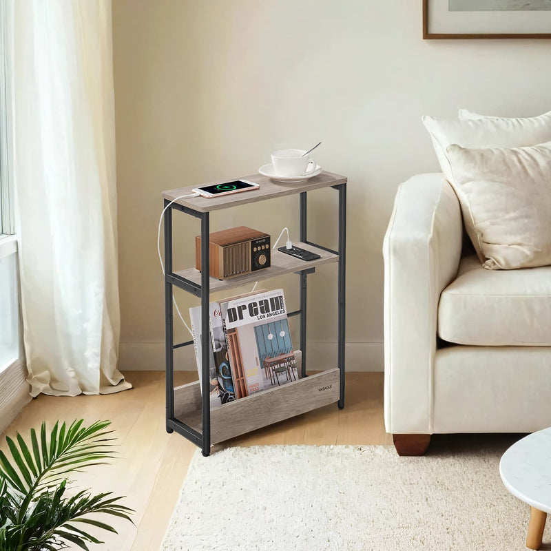 Narrow Side Table with USB Charging Station and Storage Shelves for Living Room by Vasagle