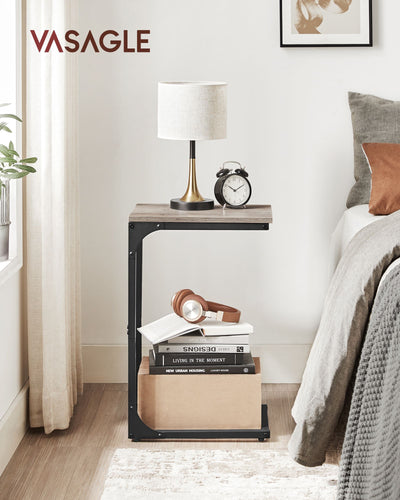 C Shaped Side Table in Heather Greige and Black Space Saving Design by Vasagle