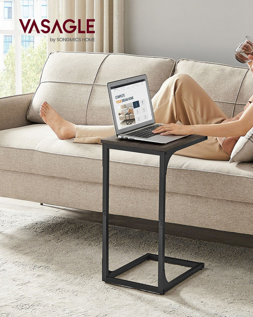 C Shaped Side Table with Metal Frame Chestnut Brown for Living Room or Bedroom by Vasagle