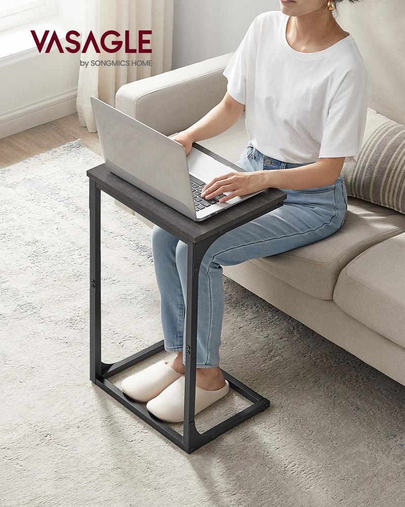 C Shaped End Table with Metal Frame in Misty Grey and Black for Small Spaces by Vasagle