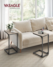 Set of 2 C Shaped Side Tables in Heather Greige and Ink Black for Sofa or Bed by Vasagle
