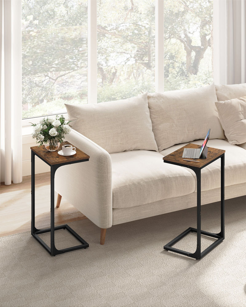 Set of 2 C Shaped Side Tables Rustic Brown and Black Space Saving Design by Vasagle