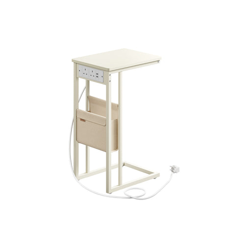 Cream White C Shaped Bedside Table with USB Charging Station for Small Spaces by Vasagle