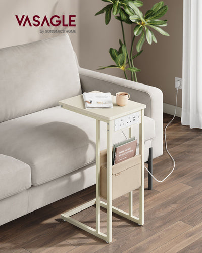 Cream White C Shaped Bedside Table with USB Charging Station for Small Spaces by Vasagle