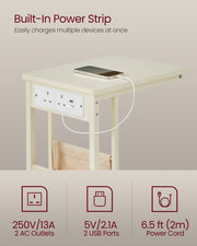 Cream White C Shaped Bedside Table with USB Charging Station for Small Spaces by Vasagle