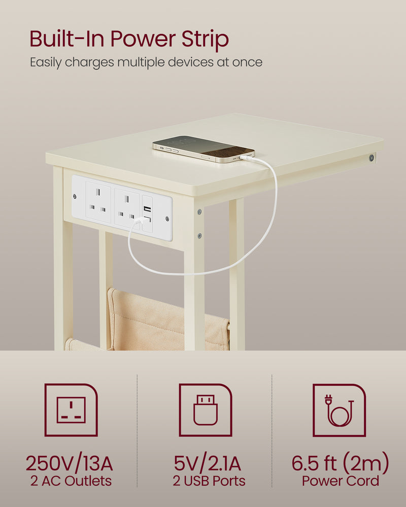 Cream White C Shaped Bedside Table with USB Charging Station for Small Spaces by Vasagle