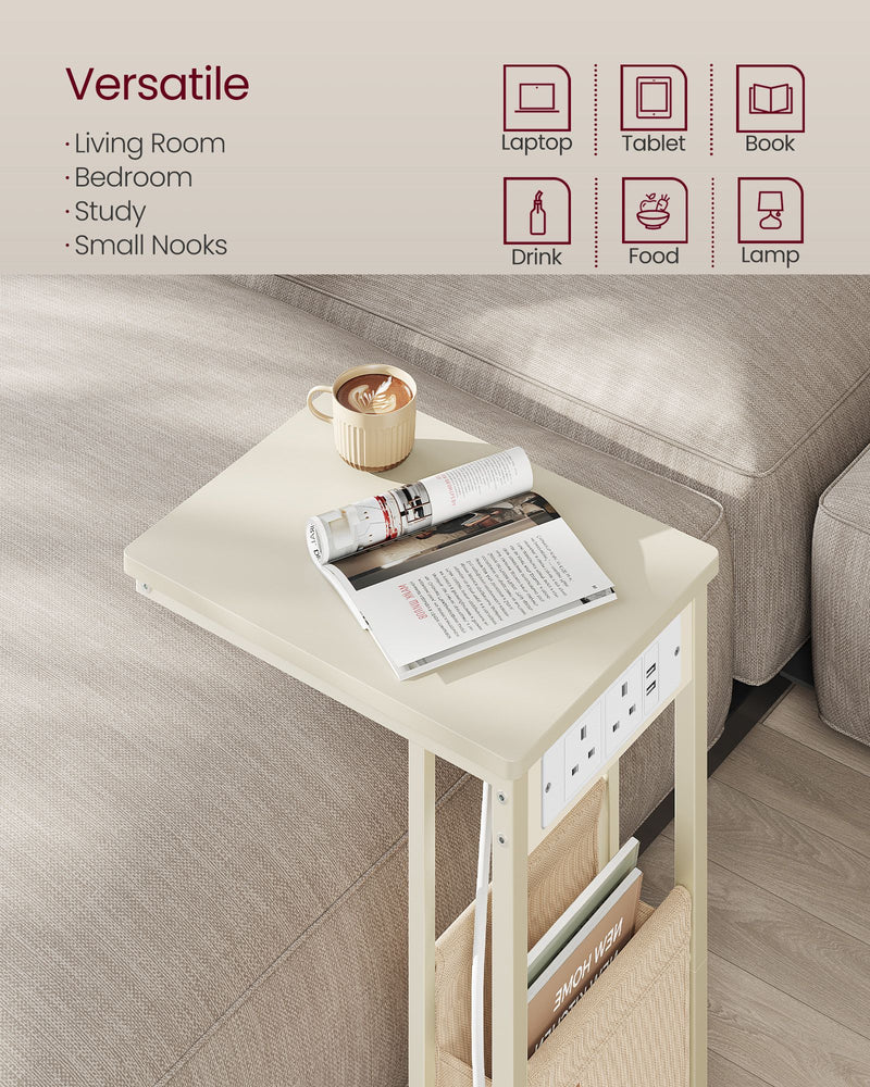 Cream White C Shaped Bedside Table with USB Charging Station for Small Spaces by Vasagle