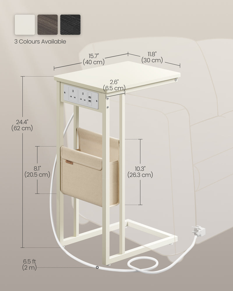 Cream White C Shaped Bedside Table with USB Charging Station for Small Spaces by Vasagle