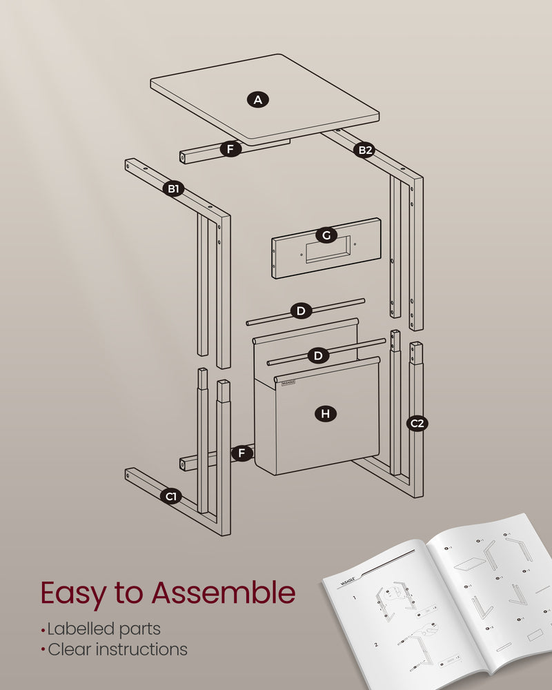 Cream White C Shaped Bedside Table with USB Charging Station for Small Spaces by Vasagle