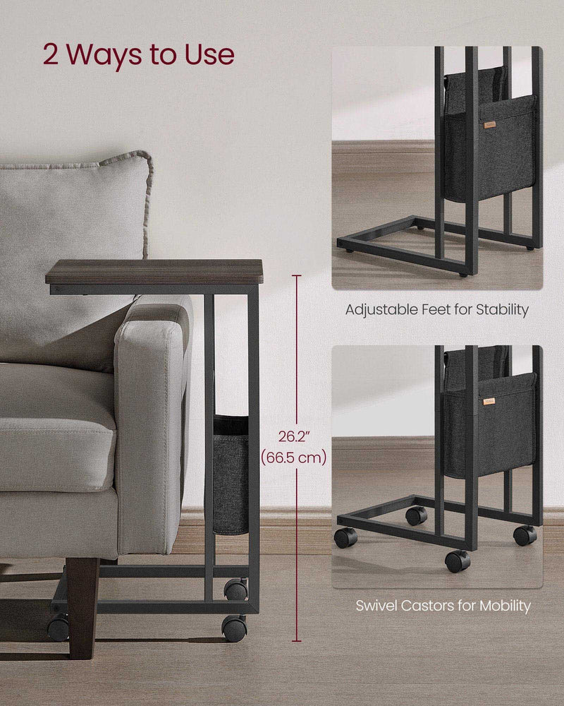 C Shaped Bedside Table with Fabric Storage Bag in Ash Brown for Small Spaces by Vasagle