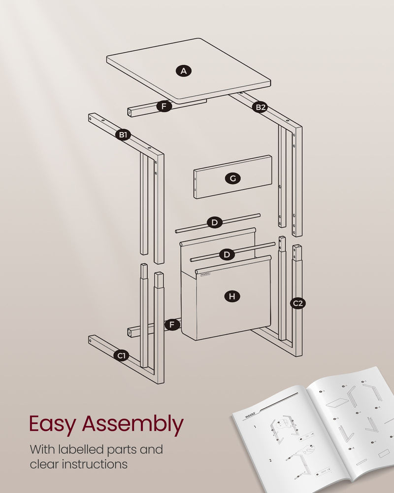 C Shaped Bedside Table with Fabric Storage Bag in Ash Brown for Small Spaces by Vasagle