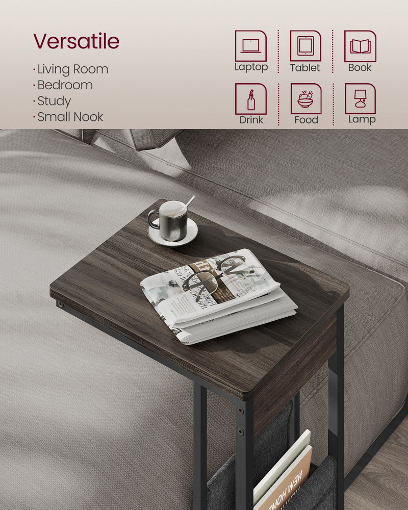 C Shaped Bedside Table with Fabric Storage Bag in Ash Brown for Small Spaces by Vasagle