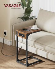 C Shaped Side Table with USB Charging Station for Sofa or Bed Rustic Brown by Vasagle VASAGLE