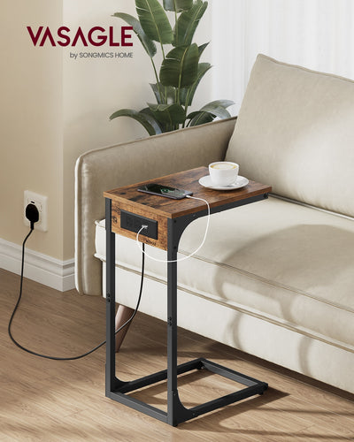 C Shaped Side Table with USB Charging Station for Sofa or Bed Rustic Brown by Vasagle VASAGLE