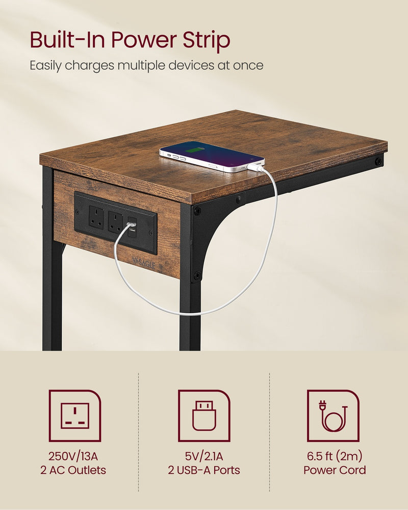 C Shaped Side Table with USB Charging Station for Sofa or Bed Rustic Brown by Vasagle VASAGLE