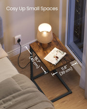 C Shaped Side Table with USB Charging Station for Sofa or Bed Rustic Brown by Vasagle VASAGLE