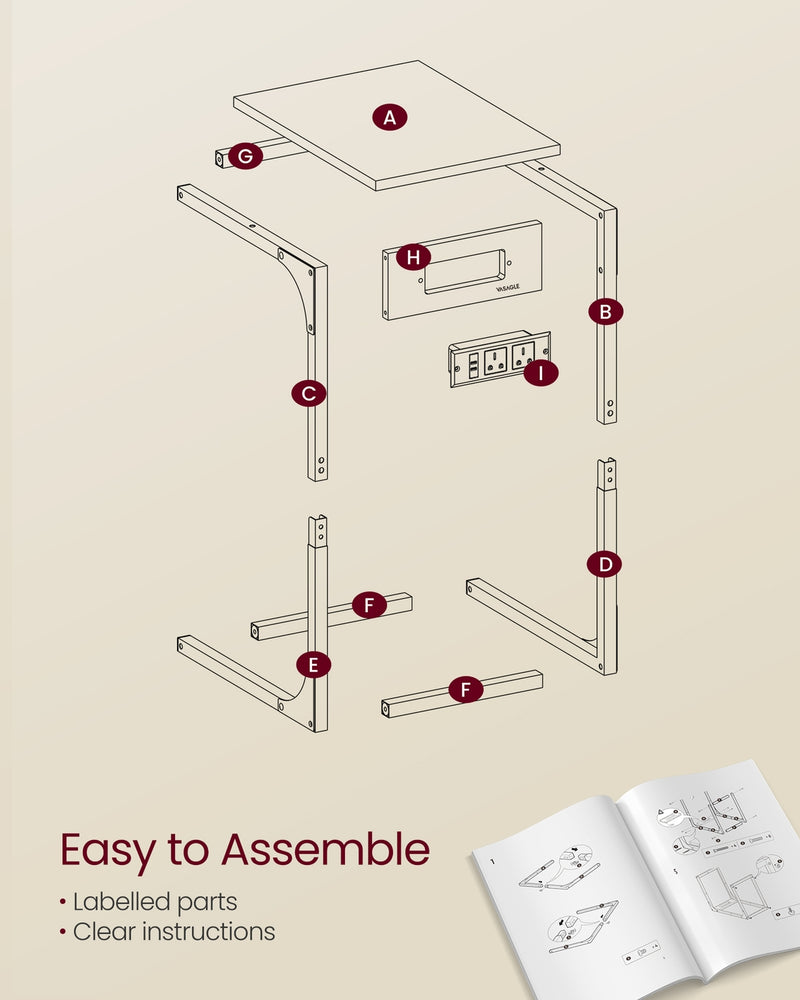 C Shaped Side Table with USB Charging Station for Sofa or Bed Rustic Brown by Vasagle VASAGLE