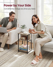 Slim Side Table with USB Charging Station in Heather Greige and Black by Vasagle