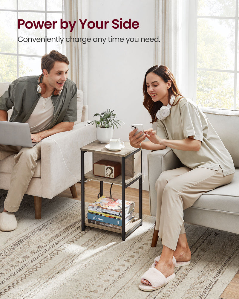 Slim Side Table with USB Charging Station in Heather Greige and Black by Vasagle