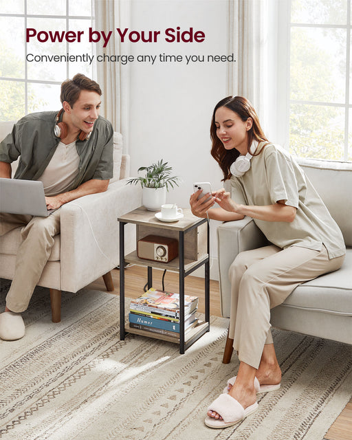 Slim Side Table with USB Charging Station in Heather Greige and Black by Vasagle