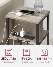 Slim Side Table with USB Charging Station in Heather Greige and Black by Vasagle