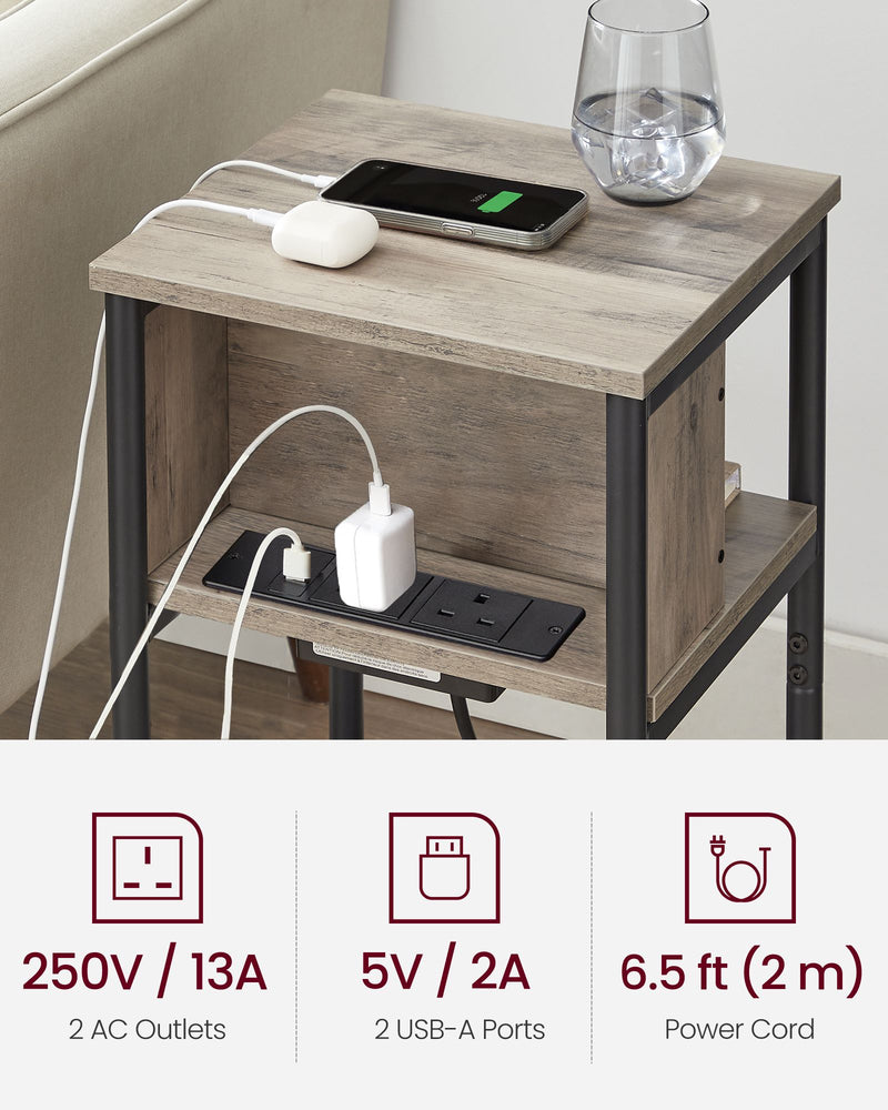 Slim Side Table with USB Charging Station in Heather Greige and Black by Vasagle