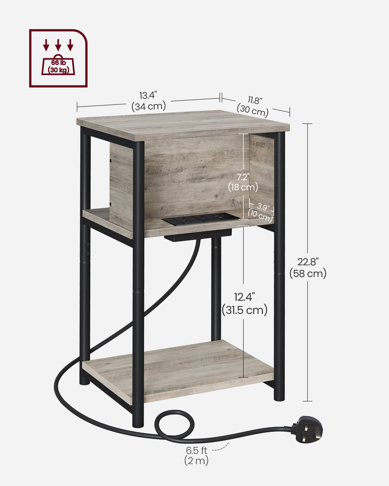Slim Side Table with USB Charging Station in Heather Greige and Black by Vasagle
