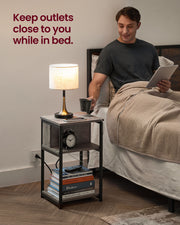 Slim Side Table with USB Charging Station in Heather Greige and Black by Vasagle