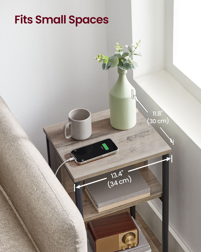 Slim Side Table with USB Charging Station in Heather Greige and Black by Vasagle