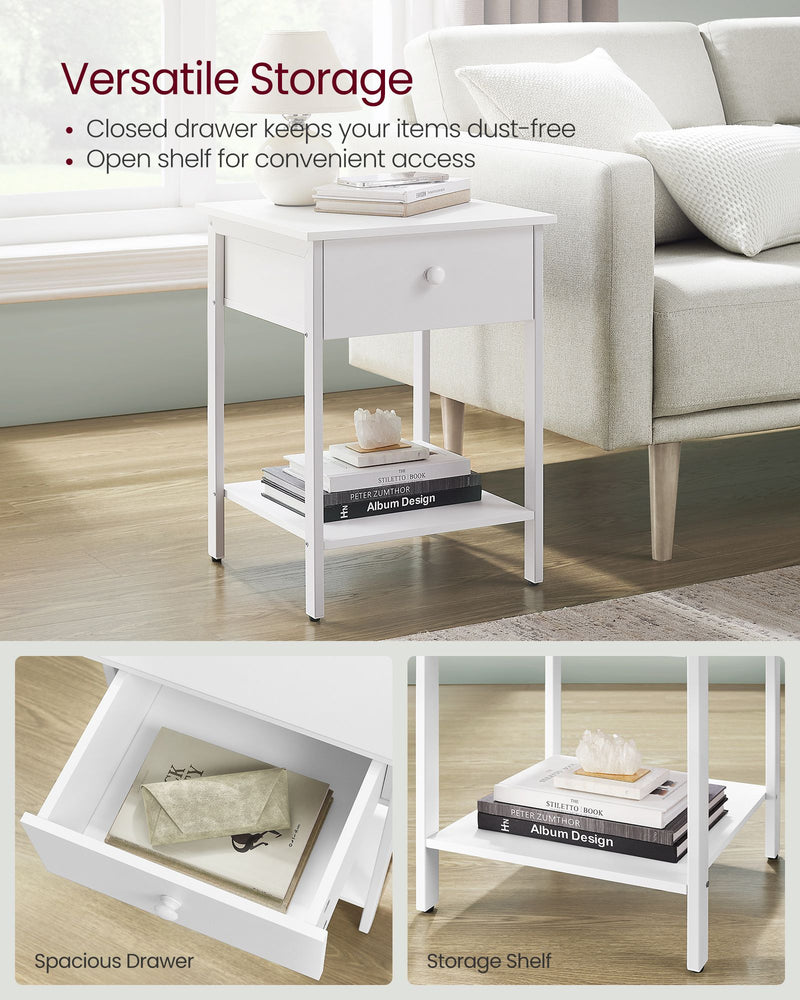 White Bedside Table with Drawer and Open Shelf for Bedroom Storage by Vasagle