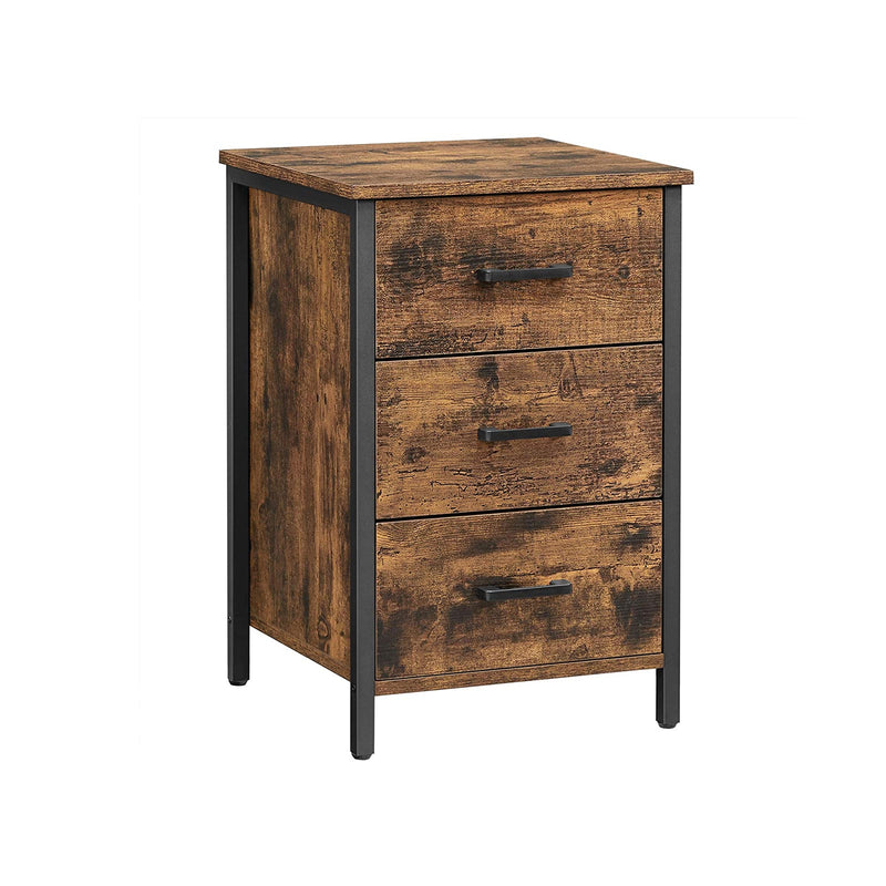 Rustic Brown and Black Bedside Table with 3 Drawers for Bedroom Storage by Vasagle