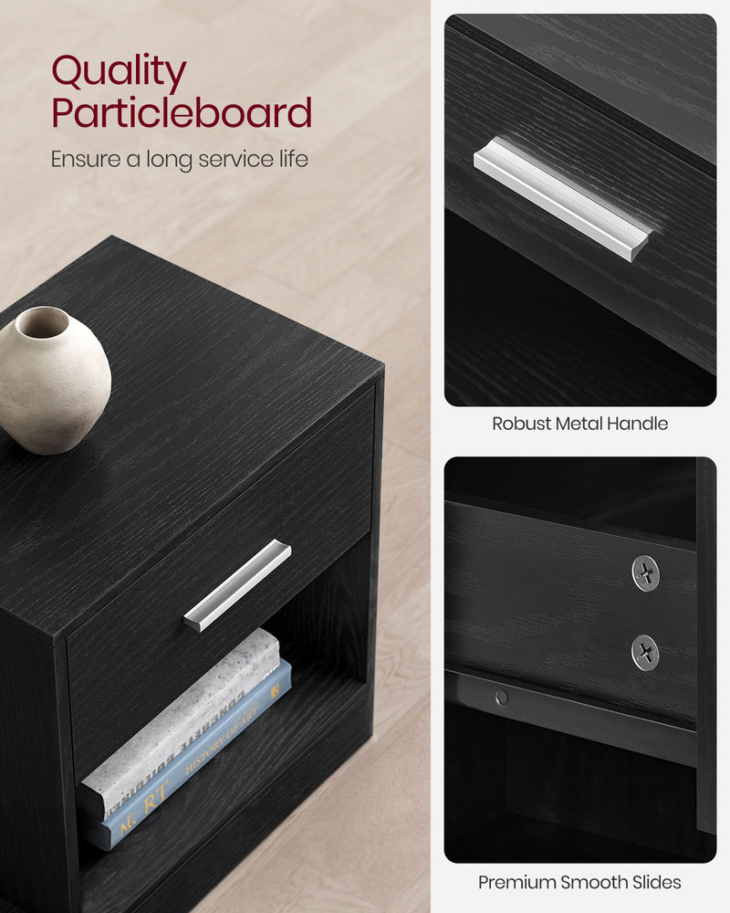 Black Side Table with Drawer and Metal Handle for Bedroom or Lounge by Vasagle