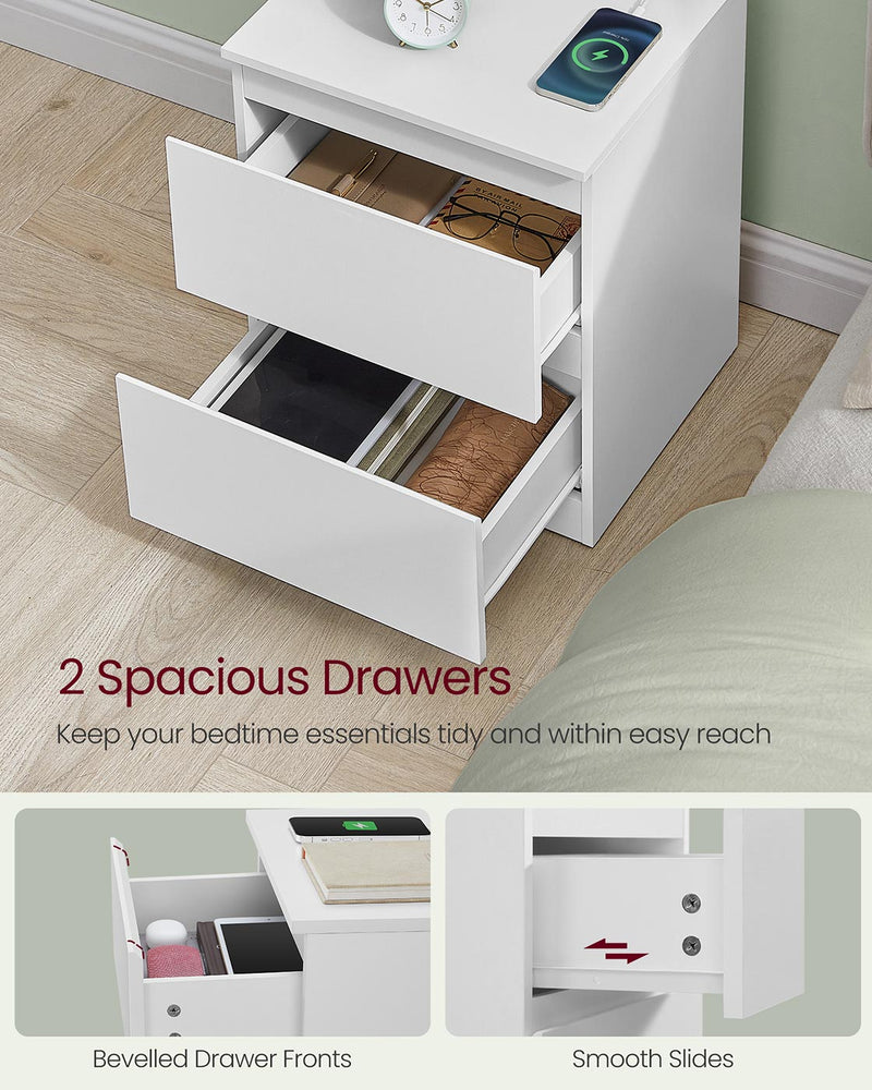 White Nightstand with Built In Charging Station and Storage Drawer by Vasagle