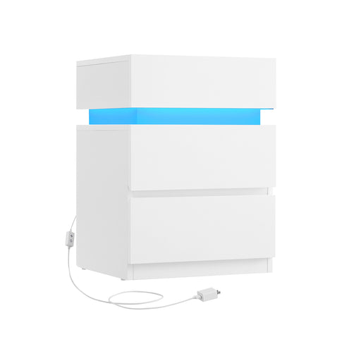 White Bedside Table with LED Lights and 3 Storage Drawers for Bedroom by Vasagle