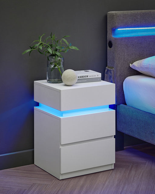 White Bedside Table with LED Lights and 3 Storage Drawers for Bedroom by Vasagle