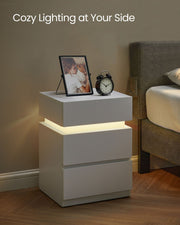 White Bedside Table with LED Lights and 3 Storage Drawers for Bedroom by Vasagle