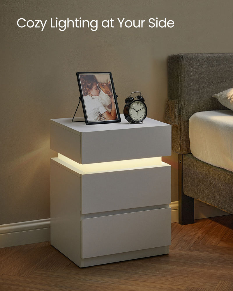 White Bedside Table with LED Lights and 3 Storage Drawers for Bedroom by Vasagle